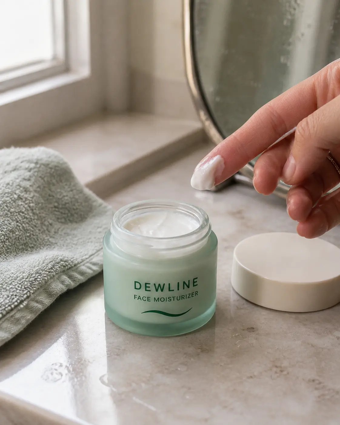 Fictional AI-generated Dewline moisturizer with a natural hand