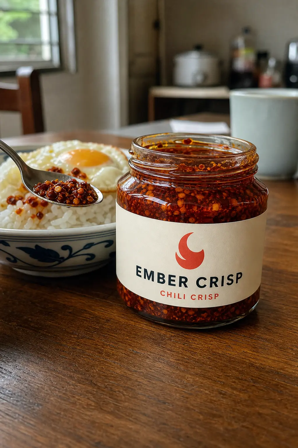 Fictional AI-generated Ember Crisp jar beside rice and egg